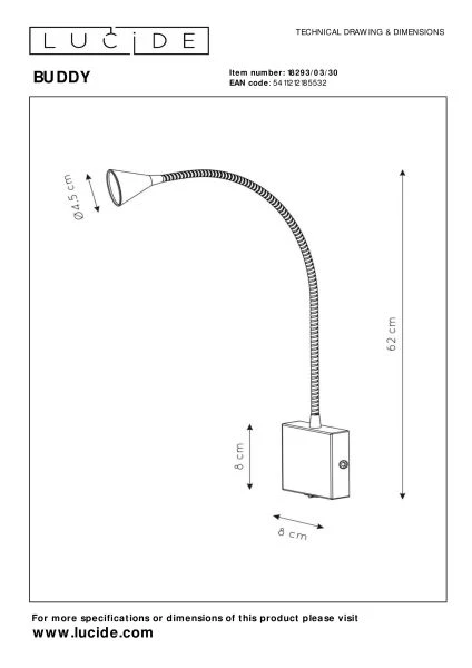 Lucide BUDDY - Lámpara de cabecera / Lámpara de pared - LED - 1x4W 4000K - Negro - técnico